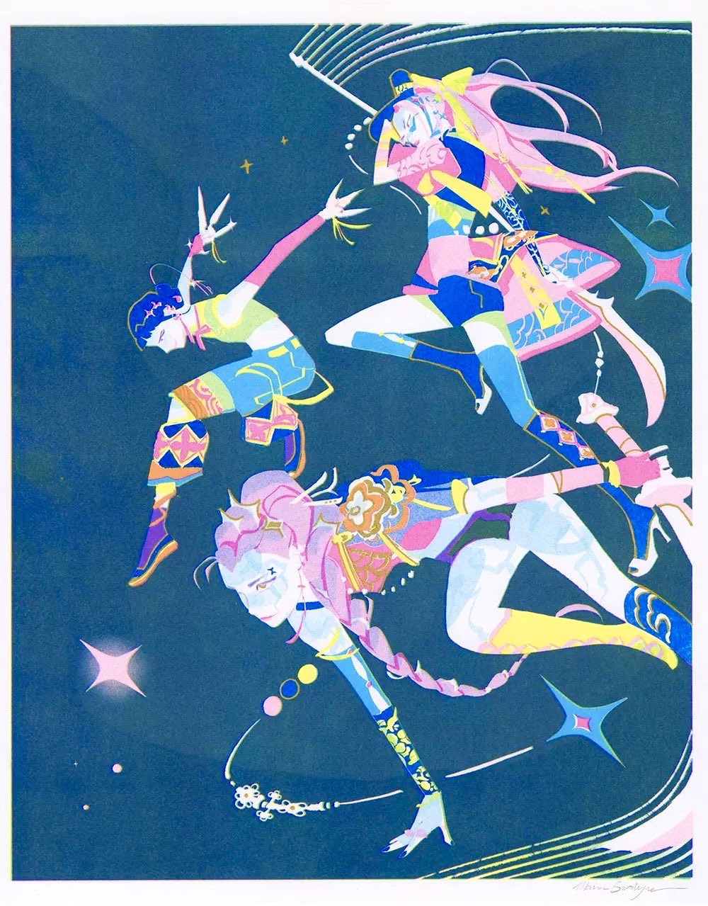 3girls, asymmetrical_legwear, blue_background, blue_hair, blue_nails, blunt_bangs, body_markings, border