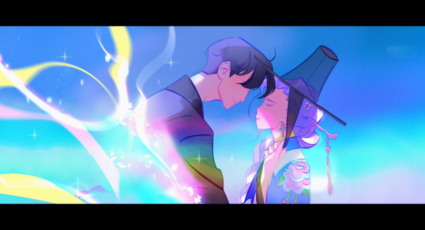 1boy, 1girl, black_bow, black_hair, black_hat, blue_background, bow, braid
