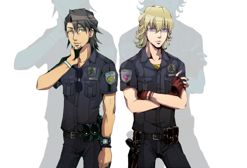 badge, barnaby_brooks_jr, belt, blonde_hair, bracelet, brown_eyes, brown_hair, crossed_arms