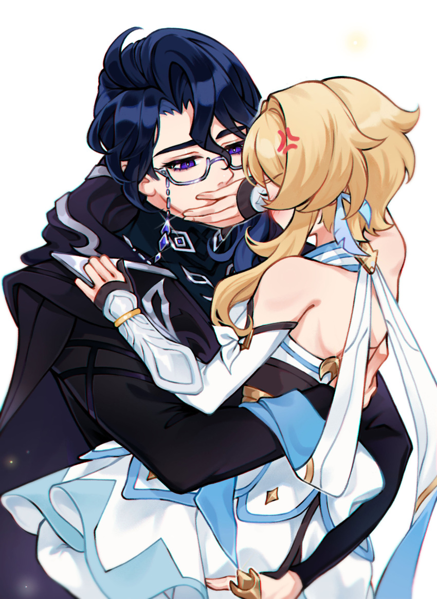 1boy, 1girl, absurdres, anger_vein, baobeibai, black_gloves, black_hair, black_jacket