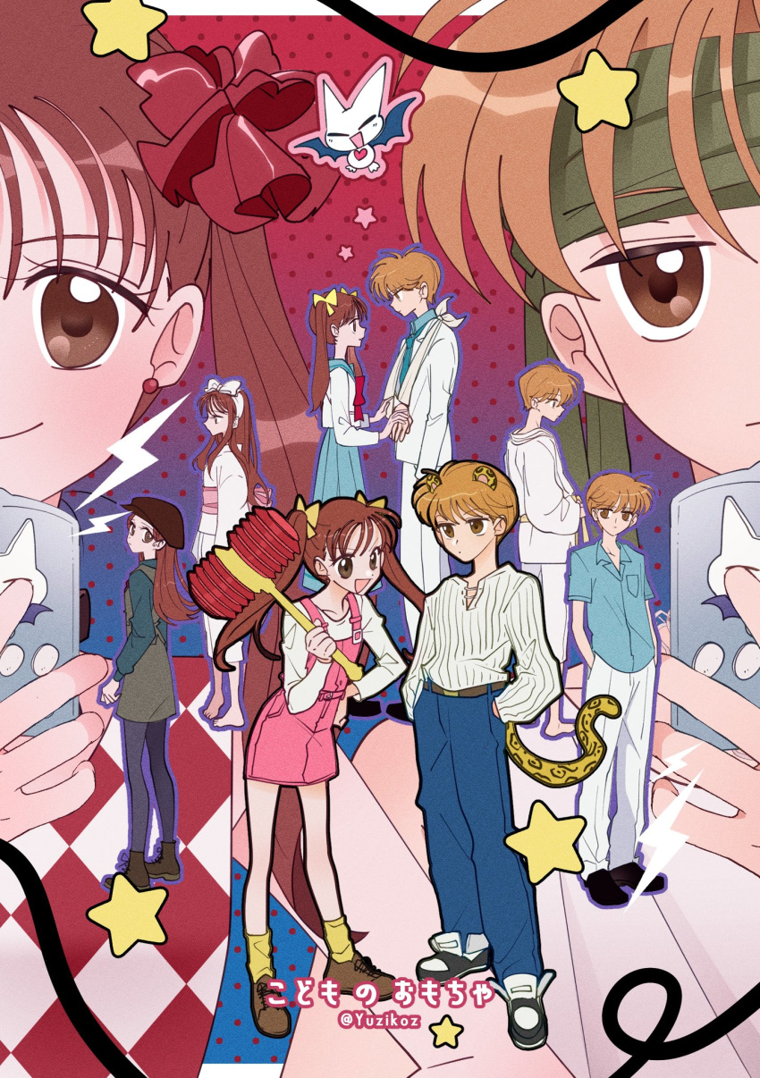 1boy, 1girl, babbit, blue_shirt, bow, brown_eyes, brown_hair, full_body
