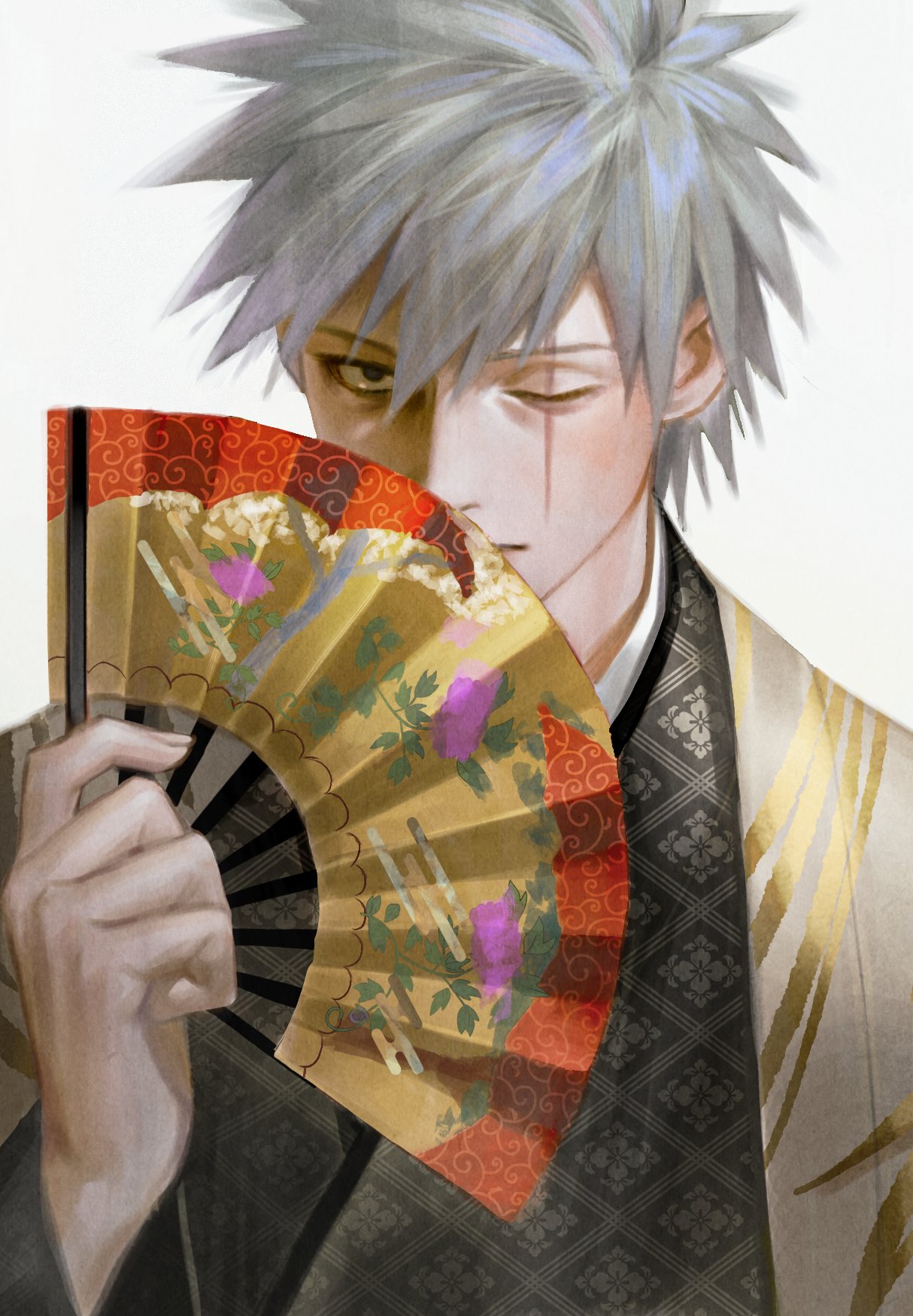 1boy, folding_fan, grey_hair, hair_between_eyes, hand_fan, haori, hatake_kakashi, highres