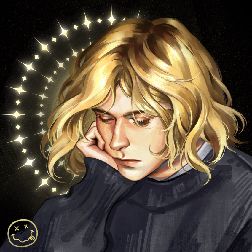 1boy, black_background, black_sweater, blonde_hair, closed_mouth, half-closed_eyes, halo, hand_on_own_cheek