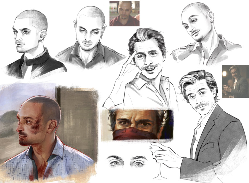 2boys, bandana, beard, better_call_saul, black_hair, blood, blood_on_face, blue_shirt, breaking_bad, bruise, bruise_on_face, closed_mouth, cocktail_glass, collared_shirt, cup, derivative_work, drinking_glass, earrings, facial_hair, finger_to_face, grey_hair, highres, holding, holding_cup, injury, jacket, jewelry, lalo_salamanca, light_smile, lrculwell, male_focus, mature_male, multicolored_hair, multiple_boys, multiple_views, mustache, nacho_varga, open_mouth, print_shirt, red_bandana, screenshot_inset, screenshot_redraw, shirt, short_hair, single_earring, smile, streaked_hair, suit_jacket, upper_body, very_short_hair, white_background, white_shirt, wrinkled_forehead