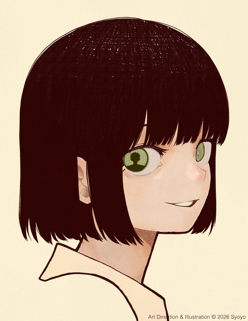 1girl, artist_name, black_hair, green_eyes, highres, looking_at_viewer, original, parted_lips