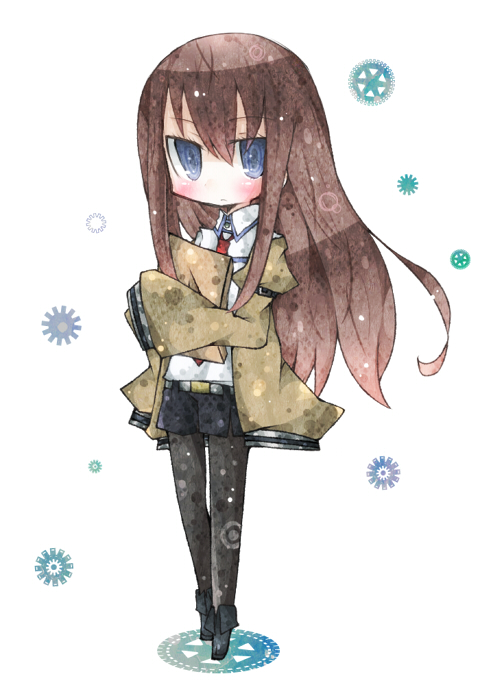 blush, brown_hair, chibi, cosmicmind, jacket, legwear_under_shorts, long_hair, makise_kurisu