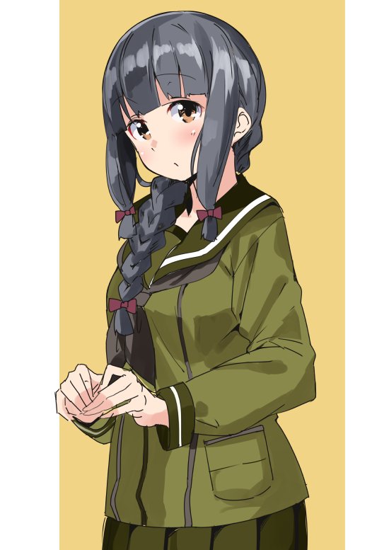 1girl, black_hair, black_neckerchief, blunt_bangs, blush, braid, brown_eyes, commentary_request, green_sailor_collar, green_skirt, hair_over_shoulder, kantai_collection, kitakami_(kancolle), kitakami_kai_(kancolle), long_hair, long_sleeves, looking_at_viewer, maji_(etonato), neckerchief, one-hour_drawing_challenge, own_hands_together, pleated_skirt, sailor_collar, school_uniform, serafuku, sidelocks, simple_background, single_braid, skirt, solo, two-tone_background