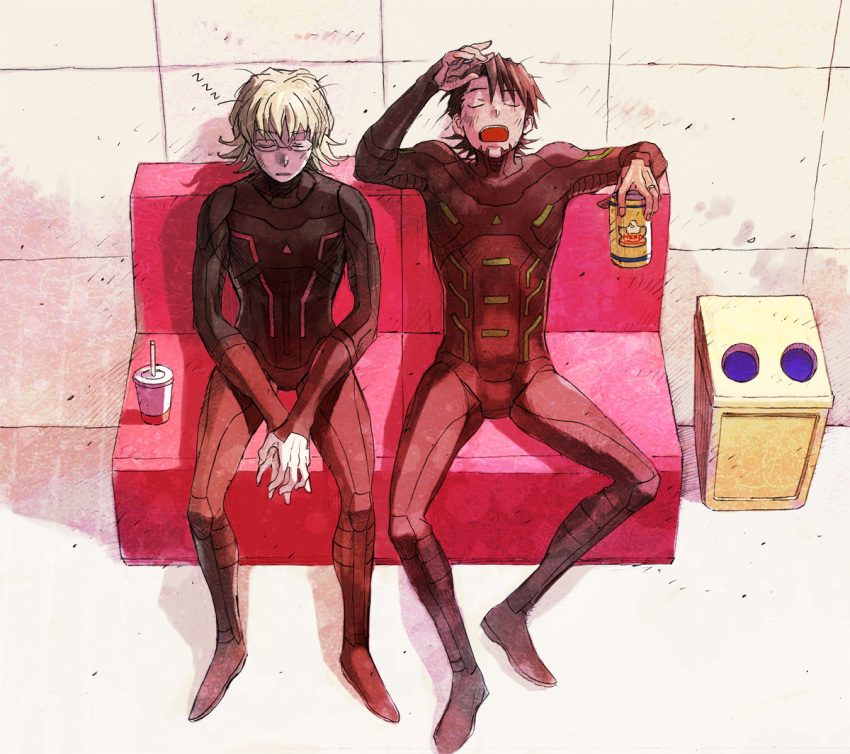 barnaby_brooks_jr, beer, blonde_hair, bodysuit, brown_hair, drink, from_above, green_eyes