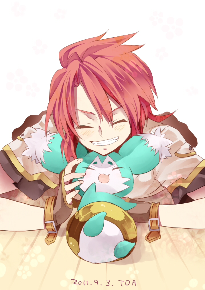 closed_eyes, eyes_closed, fingerless_gloves, gloves, luke_fon_fabre, male, mieu, red_hair
