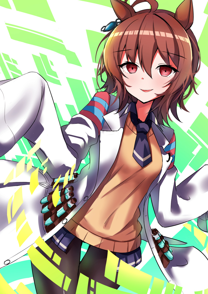 1girl, absurdres, agnes_tachyon_(tach-nology)_(umamusume), agnes_tachyon_(umamusume), ahoge, animal_ears, black_necktie, black_pantyhose, blush, breasts, brown_hair, coat, cork, earrings, hair_between_eyes, highres, horse_ears, horse_girl, jewelry, lab_coat, long_sleeves, medium_hair, necktie, open_mouth, pantyhose, red_eyes, shirt, short_necktie, single_earring, sinngotti, sleeves_past_fingers, sleeves_past_wrists, smile, solo, sweater, sweater_vest, test_tube, umamusume, white_coat, wolf_cut, yellow_sweater, yellow_sweater_vest