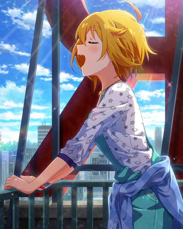 1girl, ahoge, aqua_overalls, blonde_hair, blue_jacket, blush, card_commentary, city