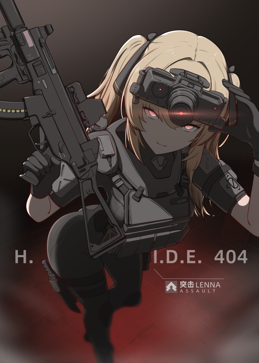 1girl, absurdres, ammunition_pouch, body_armor, bulletproof_vest, foregrip, girls'_frontline_2:_exilium, girls_frontline, gun, h&amp;k_ump, heckler_&amp;_koch, highres, laser_sight, lenna_(girls'_frontline_2), load_bearing_vest, magazine_(weapon), night_vision_device, pouch, scar, scar_across_eye, scar_on_face, submachine_gun, tactical_clothes, ump9_(girls'_frontline), weapon, zhupai