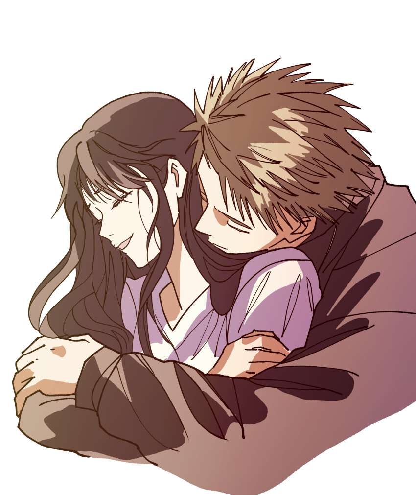 1boy, 1girl, absurdres, black_hair, blonde_hair, brown_sweater, choppy_bangs, closed_eyes