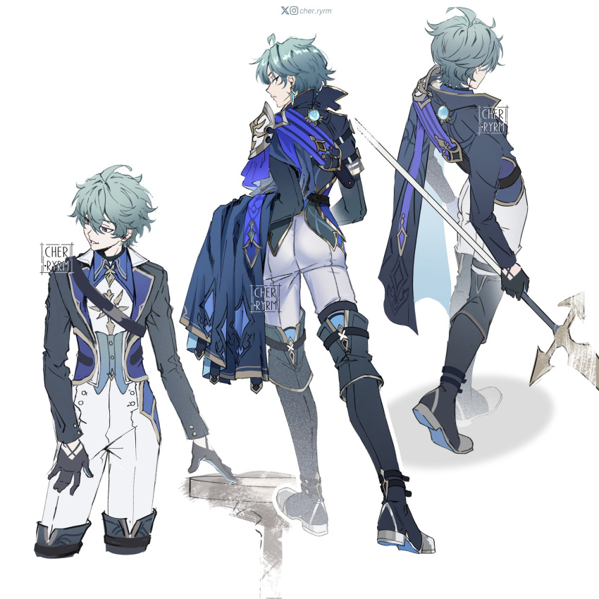 1boy, ahoge, aqua_hair, armor, belt, black_belt, black_boots, black_gloves, blue_cape, blue_jacket, blue_shirt, boots, cape, collared_shirt, commentary, earrings, english_commentary, favonius_lance_(genshin_impact), genshin_impact, gloves, gold_trim, highres, holding, holding_polearm, holding_weapon, jacket, jewelry, lohen_(genshin_impact), long_sleeves, multiple_views, pants, pauldrons, polearm, ryrmcher, shirt, short_hair, shoulder_armor, single_earring, single_pauldron, vision_(genshin_impact), weapon