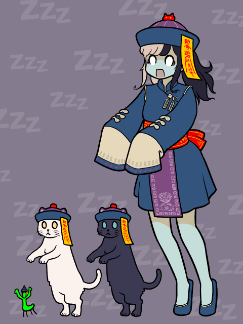 1girl, afunai, aqua_skin, black_dress, black_hair, blank_eyes, blue_hat, blue_shoes, brown_hair, cat, colored_skin, commentary_request, dress, hat, hiruwa_neruko, indie_virtual_youtuber, jiangshi, multicolored_hair, ofuda, outstretched_arms, praying_mantis, qingdai_guanmao, shoes, short_dress, sidelocks, sleeves_past_fingers, sleeves_past_wrists, split-color_hair, twintails, two-tone_hair, virtual_youtuber, zombie_pose, zzz