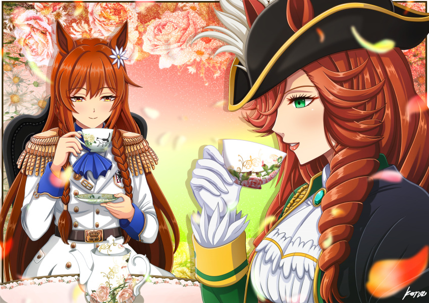 2girls, absurdres, animal_ears, ascot, belt, blue_ascot, blush, breasts