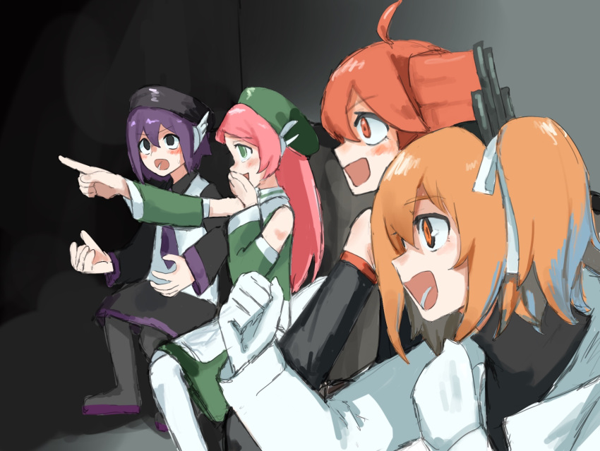 4girls, a.i._voice, adachi_rei, ahoge, beret, black_eyes, black_hat, black_shirt, black_skirt, blush, boots, clenched_hands, coat, covering_own_mouth, detached_sleeves, dress, gaijin_4koma_(meme), gloves, green_dress, green_eyes, green_hat, hair_ribbon, hand_over_own_mouth, hat, highres, kasane_teto, kasane_teto_(utau), long_hair, meme, momone_momo, multiple_girls, one_side_up, open_mouth, orange_eyes, orange_hair, oru_(knktoru), pantyhose, pink_hair, pointing, purple_hair, red_eyes, red_hair, ribbon, shirt, short_hair, skirt, standing, sweatdrop, utane_uta, utau, white_coat, white_gloves, white_pantyhose, white_shirt