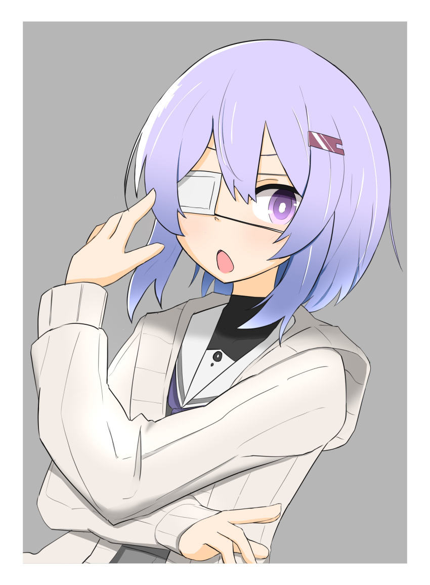 1girl, a.i._voice, absurdres, black_bodysuit, blush, bodysuit, border, cardigan, commentary_request, double-parted_bangs, eyepatch, from_side, gradient_hair, grey_background, grey_cardigan, grey_shirt, grey_skirt, hair_between_eyes, hair_ornament, hairpin, highres, hood, hood_down, hooded_cardigan, long_sleeves, looking_at_viewer, medical_eyepatch, medium_hair, meruni, multicolored_hair, neckerchief, open_cardigan, open_clothes, open_mouth, purple_hair, purple_neckerchief, sailor_collar, shirt, sidelocks, simple_background, skirt, solo, upper_body, violet_eyes, white_border, white_sailor_collar, yuzuki_yukari, yuzuki_yukari_(shizuku)