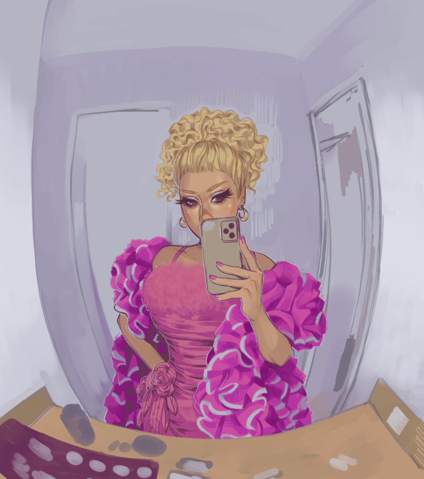 1boy, cellphone, dress, earrings, eyelashes, eyeliner, eyeshadow, flower, highres, holding, holding_phone, jewelry, lavender-bloom-m, makeup, male_focus, mirror_selfie, phone, photo-referenced, pink_dress, real_life, reflection, reflection_focus, rose, selfie, smartphone, solo, trap, trixie_mattel, wavy_hair