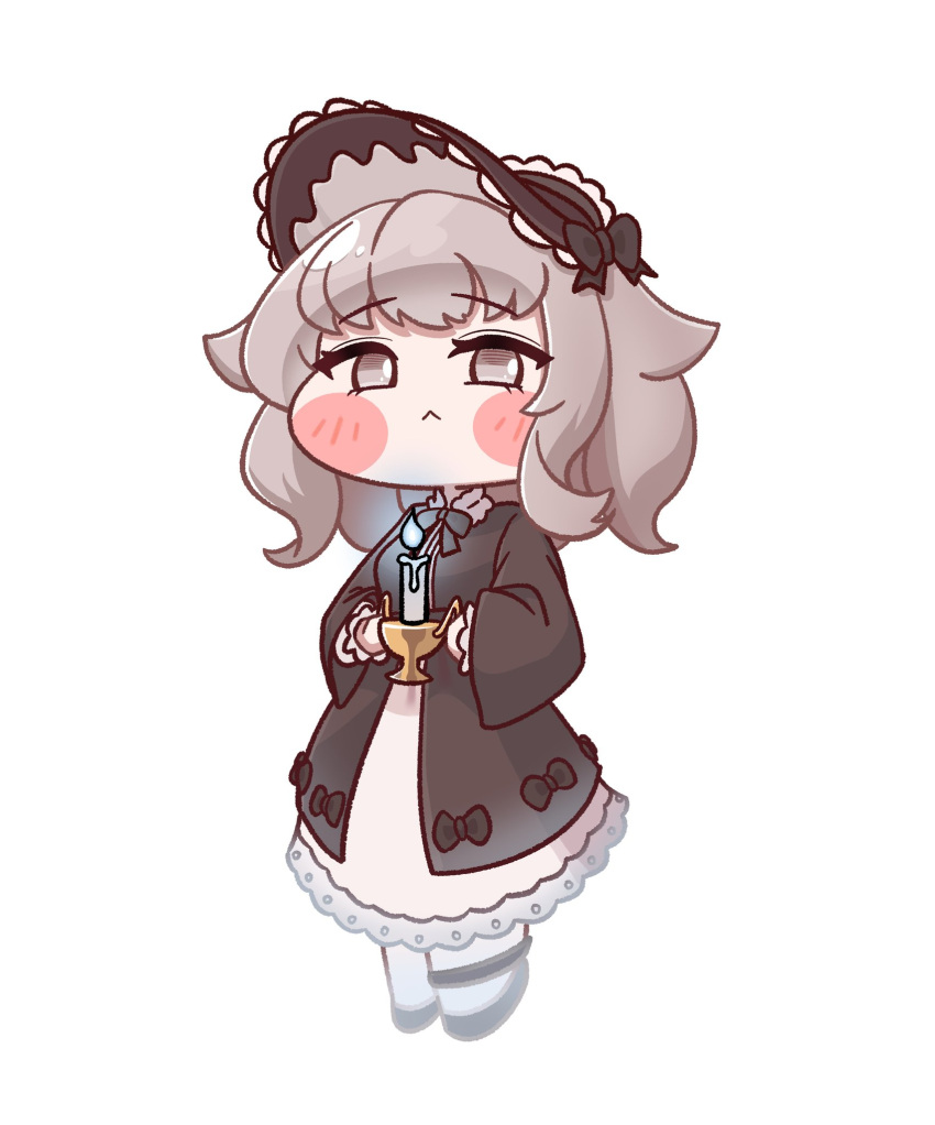1girl, :<, black_bonnet, black_dress, black_shoes, blush_stickers, bonnet, candle