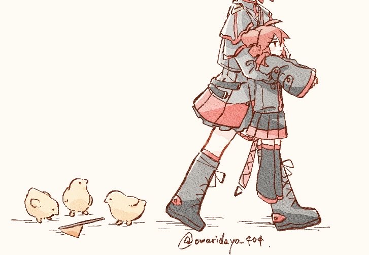 2girls, ahoge, animal, baby_animal, bird, black_boots, black_skirt, boots