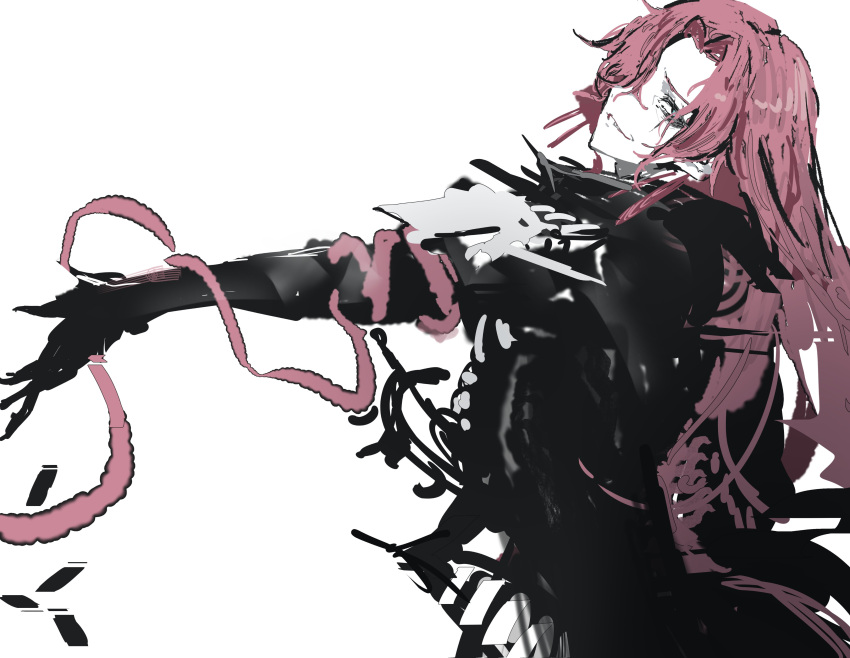 1boy, absurdres, anastasio_(arknights), arknights, black_jacket, from_side, hair_over_one_eye, head_back, highres, jacket, long_hair, looking_at_viewer, looking_back, outstretched_arm, parted_bangs, pink_hair, sketch, very_long_hair, vxdrq