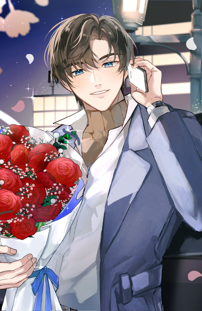 1boy, artem_wing_(tears_of_themis), blue_eyes, blue_jacket, blush, bouquet, brown_hair, brown_sweater, building, cellphone, collared_shirt, commentary, dress_shirt, english_commentary, flower, hair_between_eyes, hand_up, highres, holding, holding_bouquet, holding_phone, jacket, kqkko, lamppost, looking_at_viewer, male_focus, night, open_clothes, open_jacket, outdoors, parted_bangs, petals, phone, red_flower, red_rose, rose, shirt, sky, smile, solo, sweater, tears_of_themis, thick_eyebrows, turtleneck, turtleneck_sweater, watch, watch, white_shirt