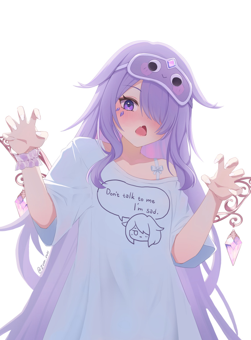 1girl, absurdres, azurarts, blush, claw_pose, gem, hair_over_one_eye, highres