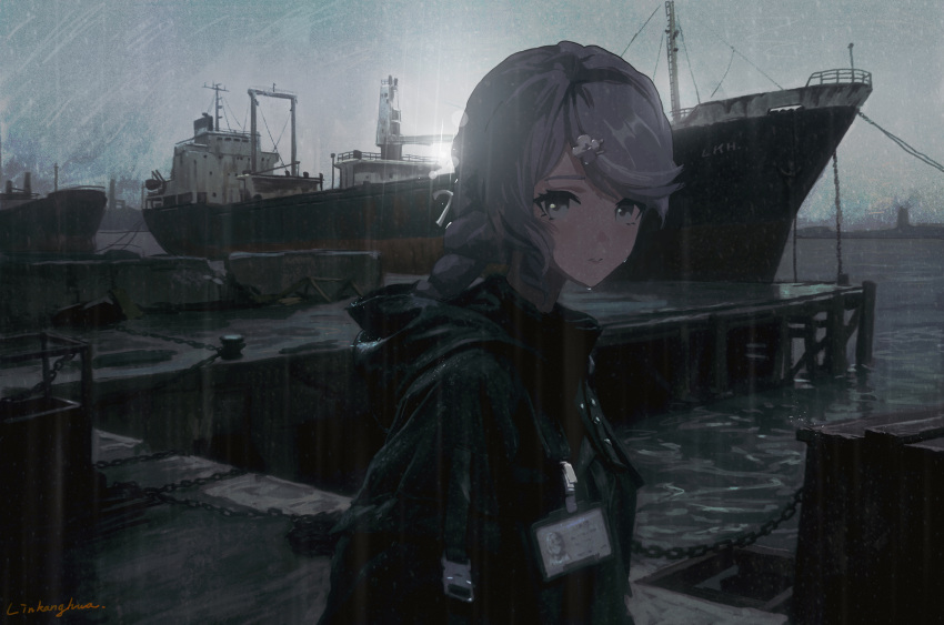 1girl, absurdres, blue_eyes, blue_hair, chain, flower_hairpin, green_raincoat, hair_ornament