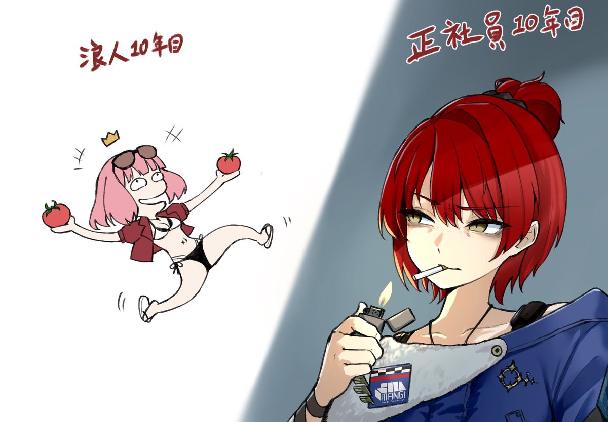 2girls, bikini, black_bikini, blue_jacket, chibi, cigarette, commander_(girls'_frontline), commentary_request, cropped_jacket, female_commander_(girls'_frontline), flip-flops, girls'_frontline_2:_exilium, girls_frontline, ichinoyalab, jacket, lentine_(girls'_frontline_2), lighter, lighting_cigarette, multiple_girls, navel, pink_hair, red_hair, red_jacket, sandals, short_hair, stomach, swimsuit, tomato, translation_request, white_bikini, yellow_eyes