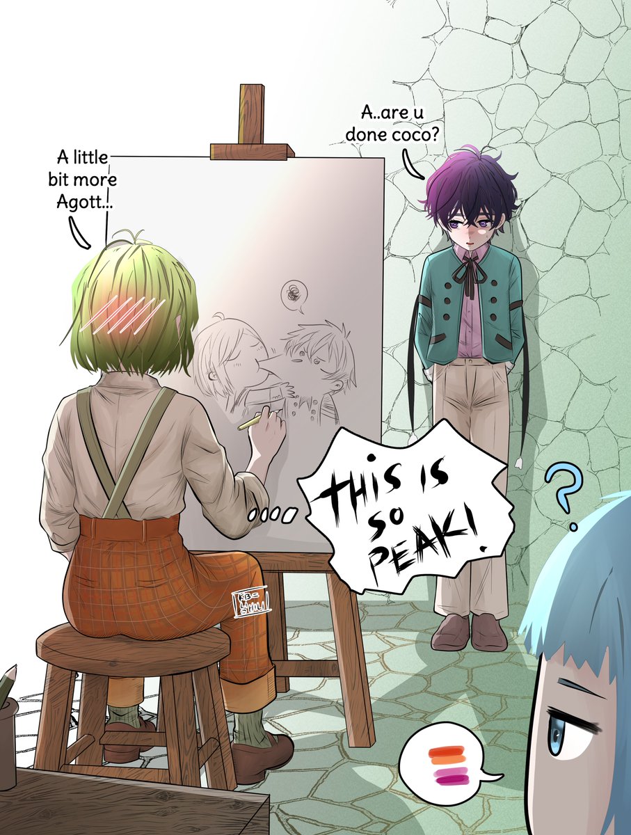 3girls, ?, agott_arklaum_(tongari_boushi_no_atelier), blue_eyes, blue_hair, canvas_(object), coco_(tongari_boushi_no_atelier), doodle_inset, full_body, green_hair, hair_blush, hand_on_another's_face, highres, holding, holding_paintbrush, kimbeanie, kiss, kissing_cheek, lesbian_flag, multiple_girls, paintbrush, painting_(action), purple_hair, richeh_(tongari_boushi_no_atelier), short_hair, sitting, speech_bubble, spoken_squiggle, squiggle, standing, stool, tongari_boushi_no_atelier, violet_eyes, yuri