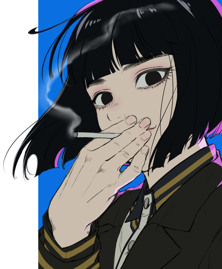 1boy, asama_yoshitsune, black_eyes, black_hair, black_jacket, blue_background, bob_cut, cigarette