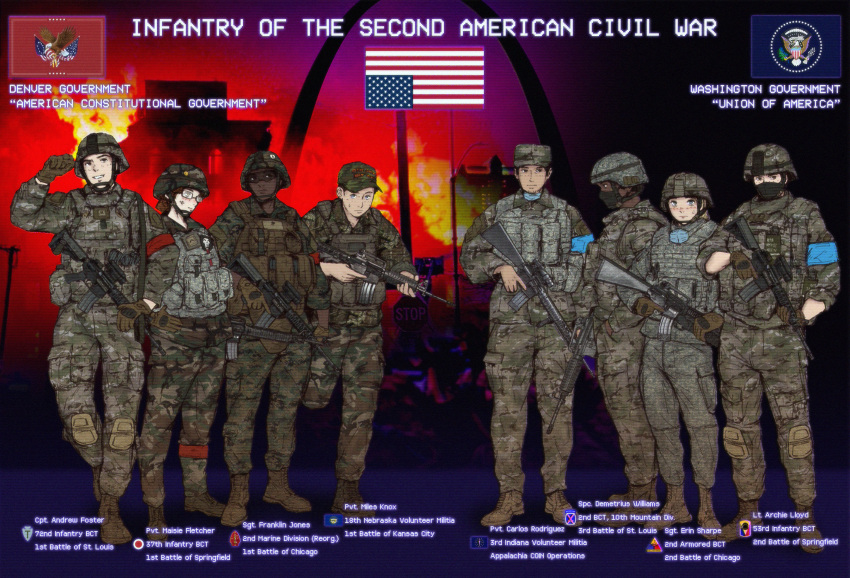 2girls, 6+boys, american_flag, assault_rifle, baseball_cap, boots, brown_hair, bulletproof_vest
