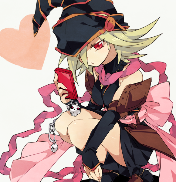 detached_sleeves, duel_monster, gagaga_girl, hair_over_one_eye, hat, red_eyes, skirt, skull