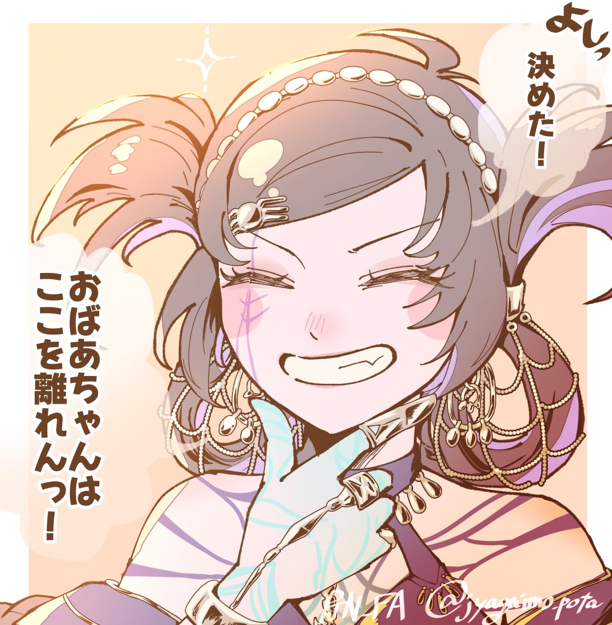 1girl, artist_name, ayiguo_(path_to_nowhere), black_hair, blush_stickers, closed_eyes, finger_to_own_chin, head_chain, highres, jewelry, jyagaimo_pota, multicolored_hair, parted_lips, path_to_nowhere, purple_streaks, short_hair, solo, speech_bubble, spider_hair_ornament, streaked_hair