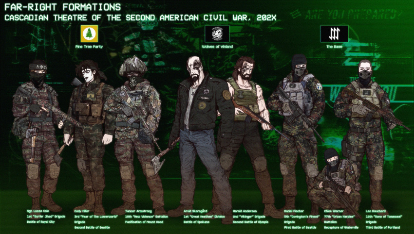 6+boys, an_appeal_to_heaven_flag, assault_rifle, axe, balaclava, bandana, black_gloves, black_jacket