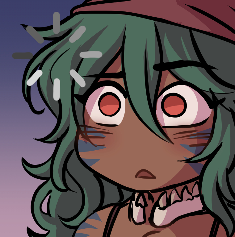 artist_request, bandana, bare_shoulders, blue_background, body_markings, brown_bandana, chibi, confused