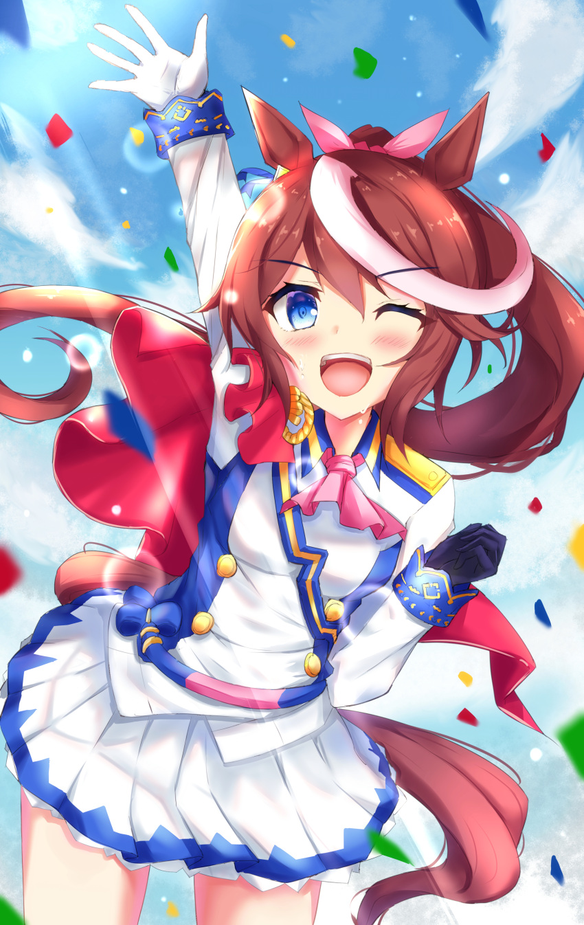 1girl, absurdres, animal_ears, arm_up, ascot, asymmetrical_gloves, black_gloves, blue_eyes