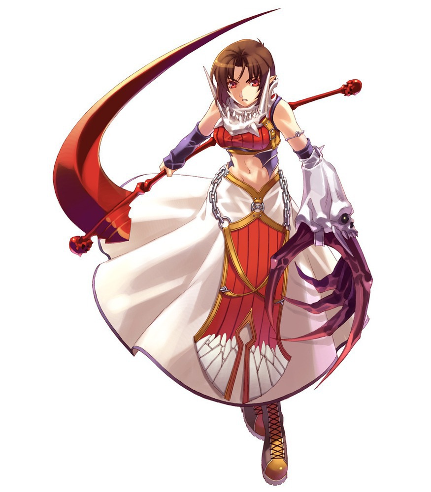 armlet, armor, armored_dress, boots, breasts, brown_hair, buckle, chain, chains, claws, cross-laced_footwear, dress, hillo, hirano_katsuyuki, hiro_(spectral_force), idea_factory, lace-up_boots, midriff, navel, official_art, red_eyes, scythe, short_hair, solo, spectral_(series), spectral_force, spectral_souls, spectral_vs_generation, tabard, white_background