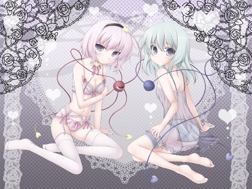 aqua_hair, arm_support, ass, babydoll, barefoot, blue_eyes, bow, bow_bra, bow_panties, bra, breasts, choker, cleavage, eyeball, feet, flower, frilled_bra, frills, garter_belt, garters, hairband, heart, highres, komeiji_koishi, komeiji_satori, lingerie, miyupon, multiple_girls, no_hat, panties, pink_bra, pink_hair, purple_eyes, rose, rose_bush, rosebush, see-through, siblings, sisters, soles, thigh-highs, thigh_strap, thighhighs, third_eye, thorns, touhou, underwear, underwear_only, violet_eyes, white_legwear