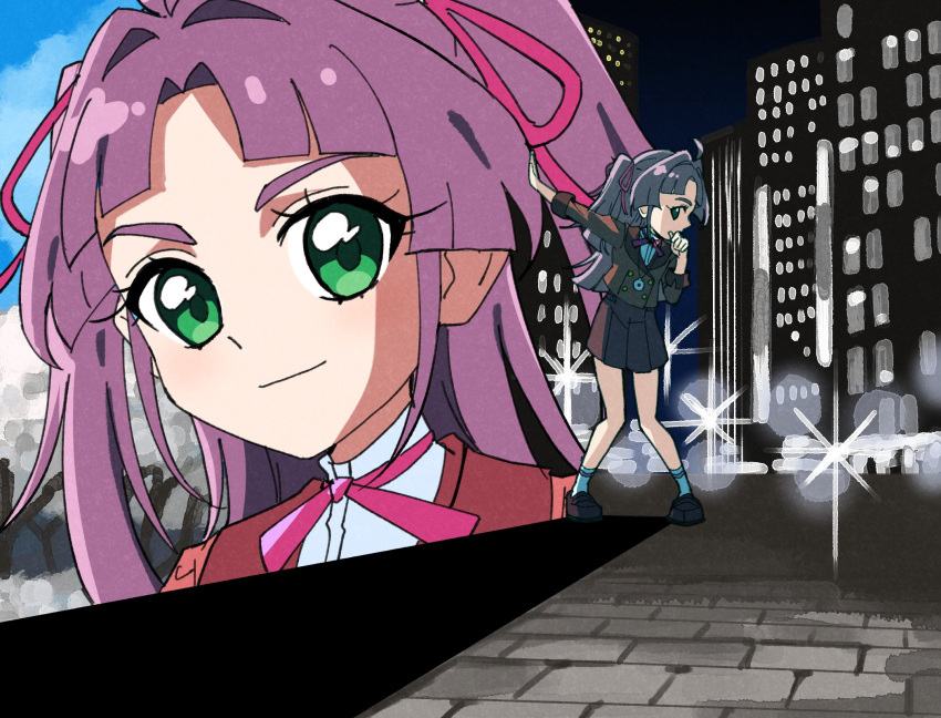 1girl, ahoge, arm_up, bow, bowtie, closed_mouth, green_eyes, hair_intakes