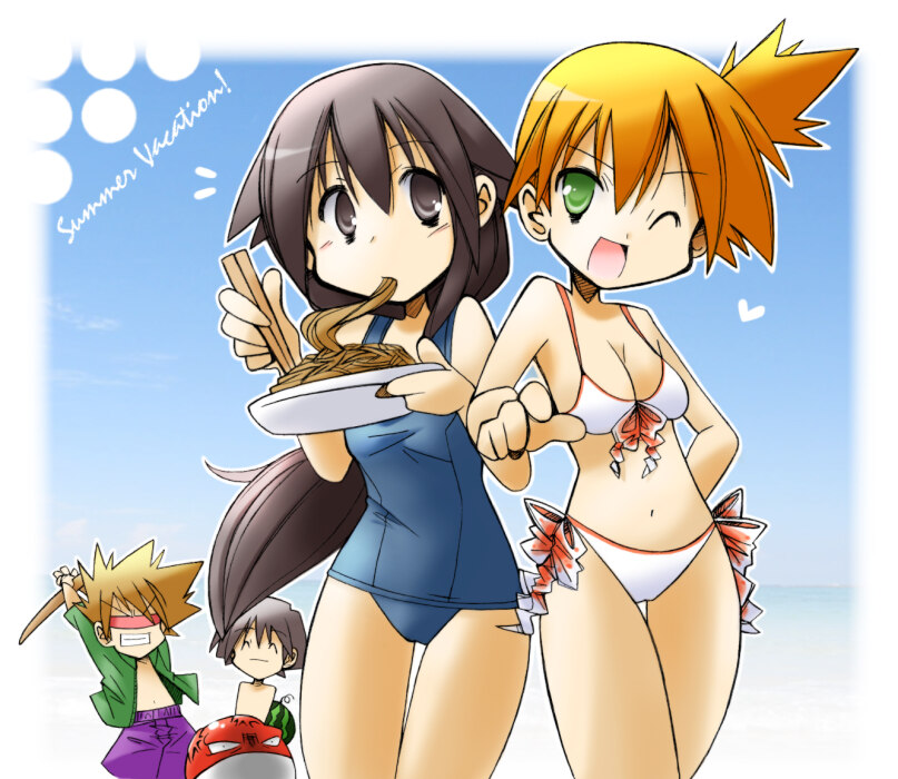 2girls, :d, anger_vein, bikini, black_eyes, black_hair, blindfold, blue_(pokemon)