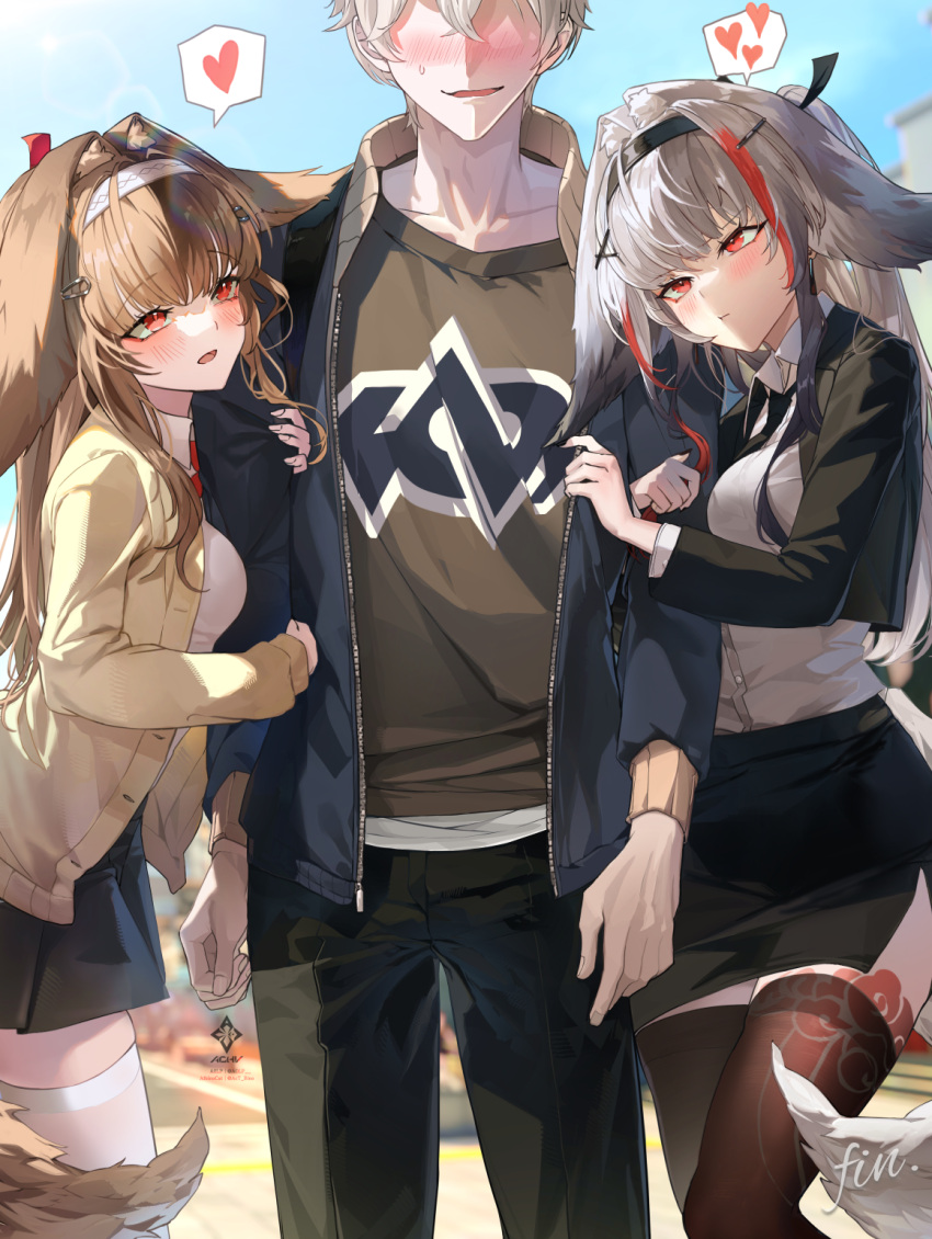 1boy, 2girls, animal_ears, black_hairband, black_jacket, black_pants, black_skirt, black_thighhighs
