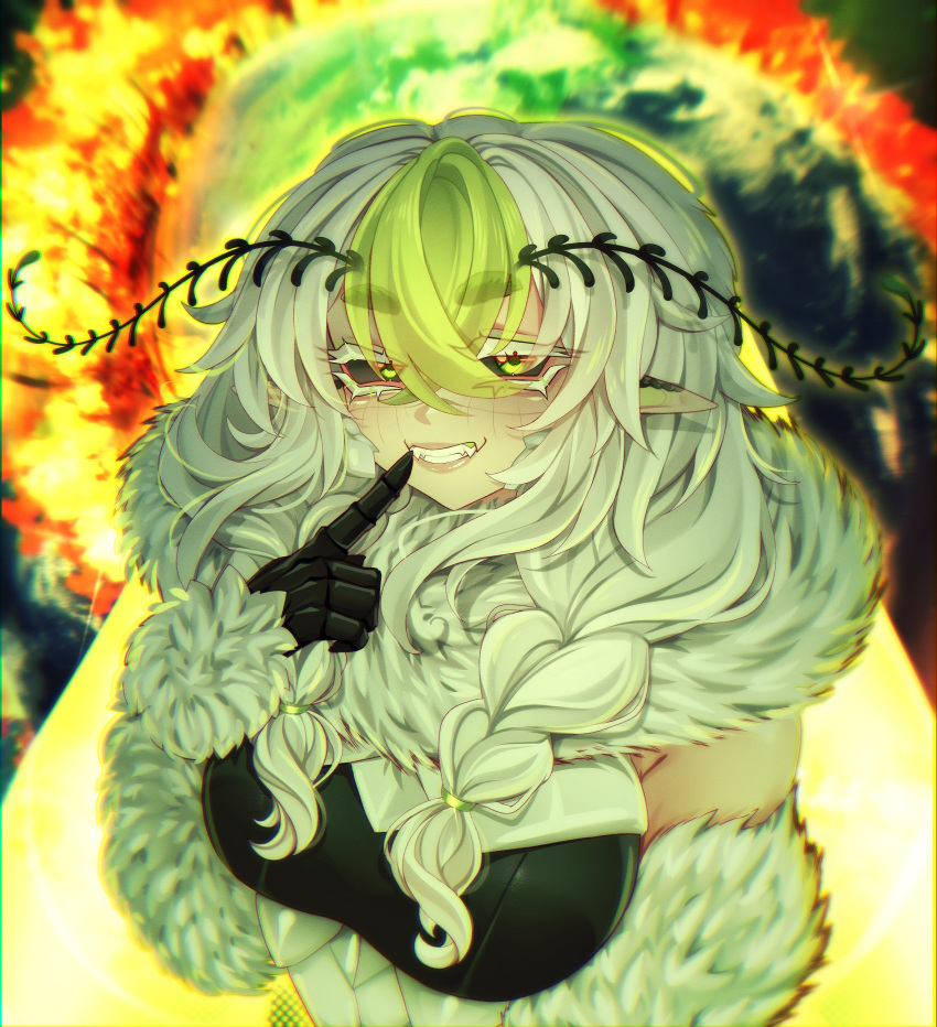 1girl, absurdres, antennae, arthropod_girl, black_leotard, black_sclera, braid, breasts