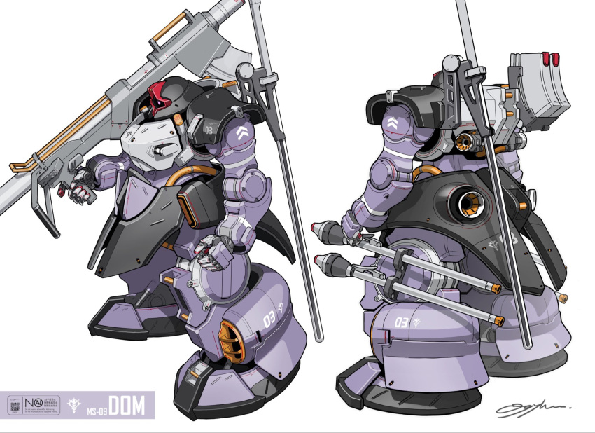 back, bazooka_(gundam), character_name, clenched_hand, commentary, dom_(mobile_suit), from_behind, from_side