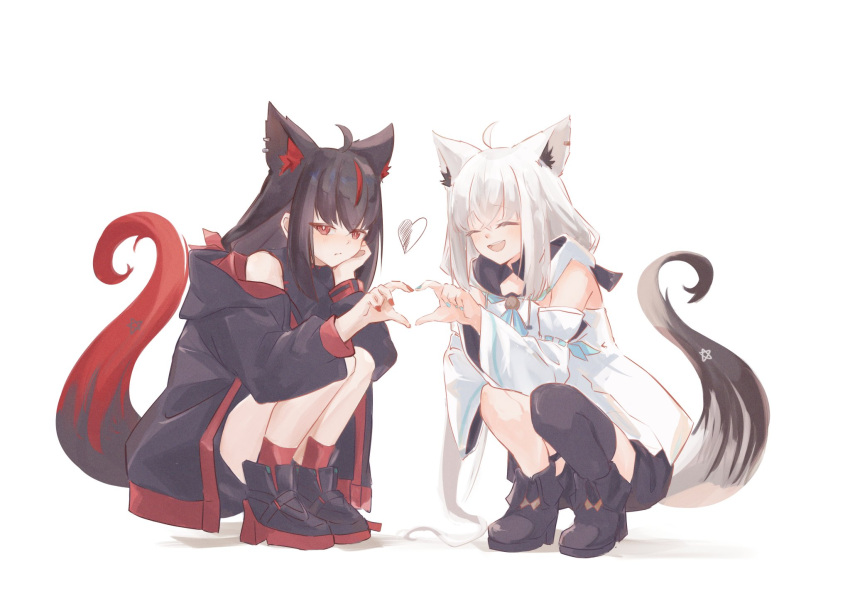 2girls, :d, ahoge, animal_ears, black_hair, black_hiphighs, black_jacket, black_shoes, blue_nails, chamomile_(kazumasa), cheek_rest, closed_eyes, commentary, detached_sleeves, fox_ears, fox_girl, fox_tail, heart, heart_hands, heart_hands_duo, highres, hiphighs, hololive, jacket, kurokami_fubuki, light_blush, long_hair, long_sleeves, looking_at_viewer, multiple_girls, nail_polish, red_eyes, red_nails, shirakami_fubuki, shirakami_fubuki_(1st_costume), shoes, simple_background, single_thighhigh, smile, squatting, tail, thigh-highs, untranslatable_commentary, virtual_youtuber, white_background, white_hair