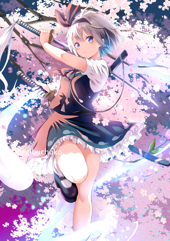1girl, album_cover, amateras_records, arm_across_neck, black_hairband, black_shoes, blue_eyes, cherry_blossoms