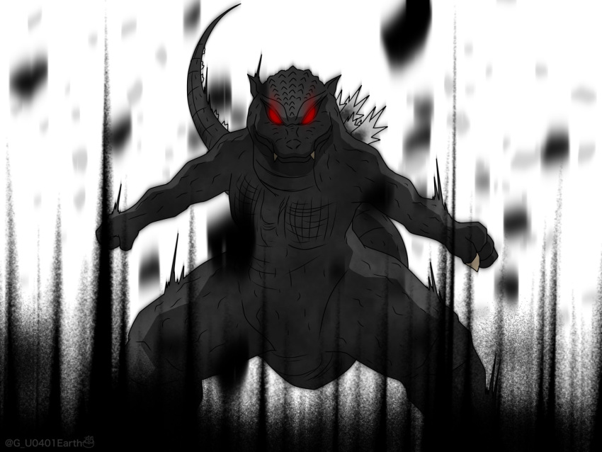 black_scales, blurry, claws, clenched_hands, closed_mouth, commentary, debris, depth_of_field