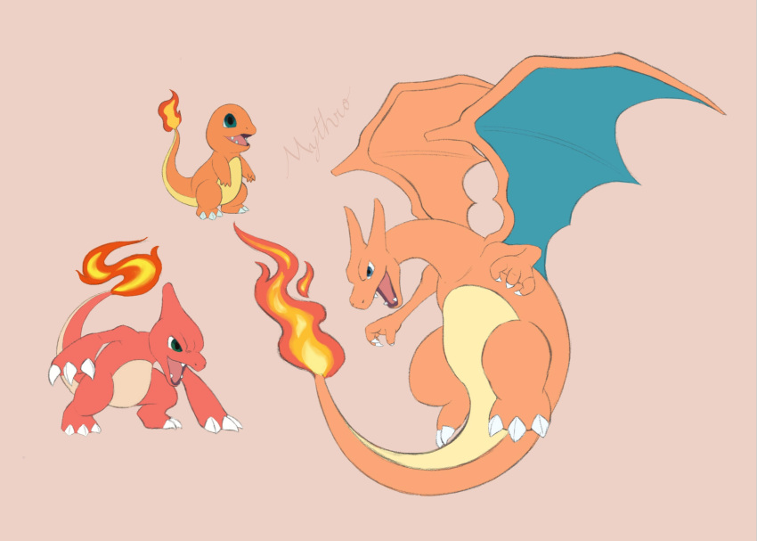absurdres, charizard, charmander, charmeleon, claws, commentary, english_commentary, evolutionary_line