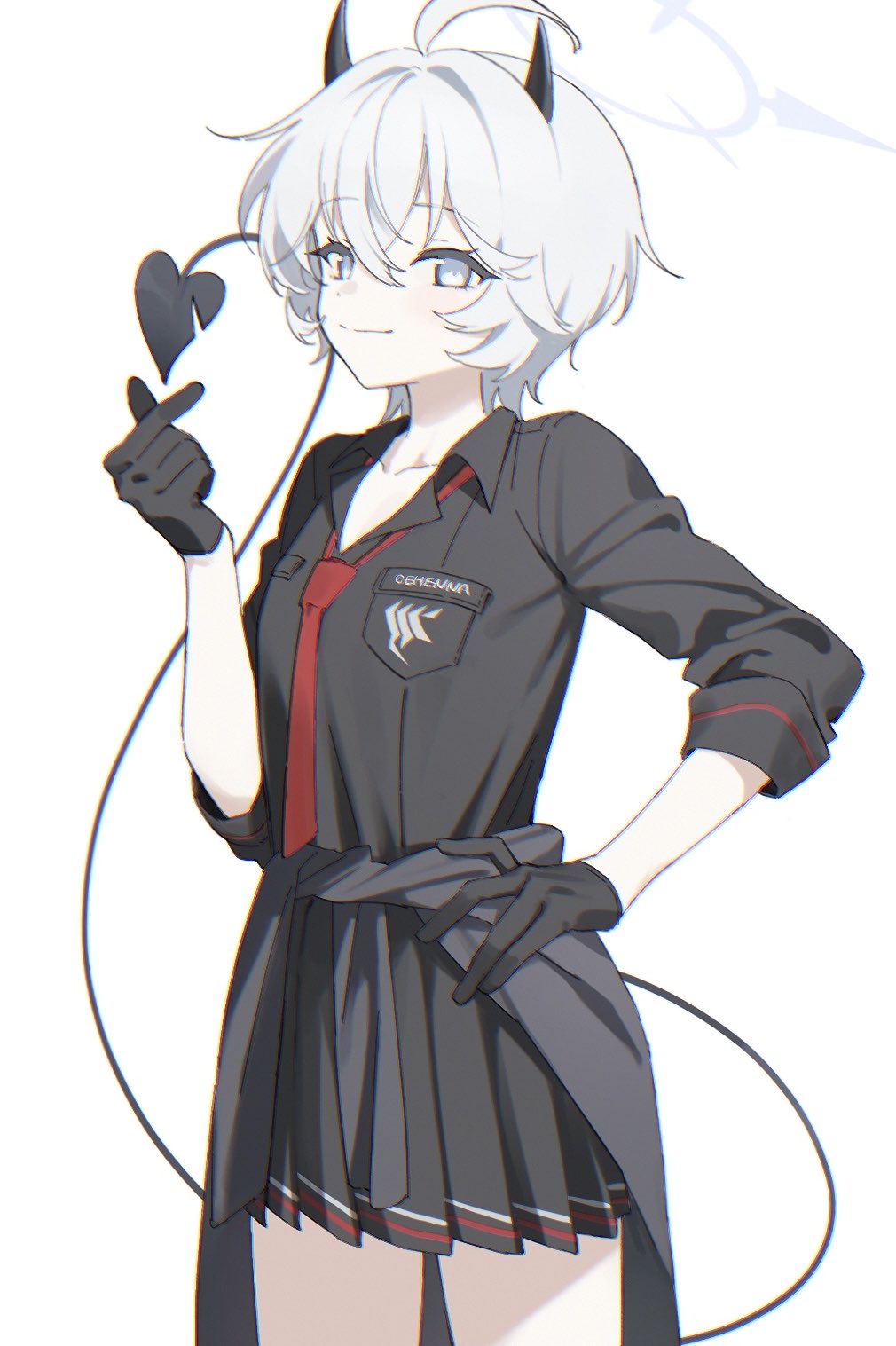 1girl, black_gloves, black_horns, black_shirt, black_skirt, blue_archive, blush, clothes_around_waist